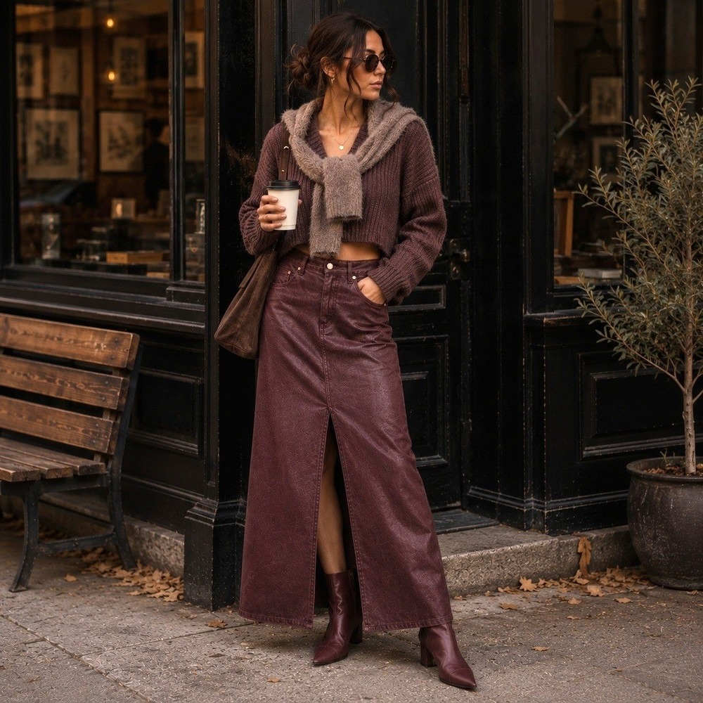 Pilcro Madi Front Slit Burgundy Coated Denim Maxi Skirt High Rise Size 10 Edgy